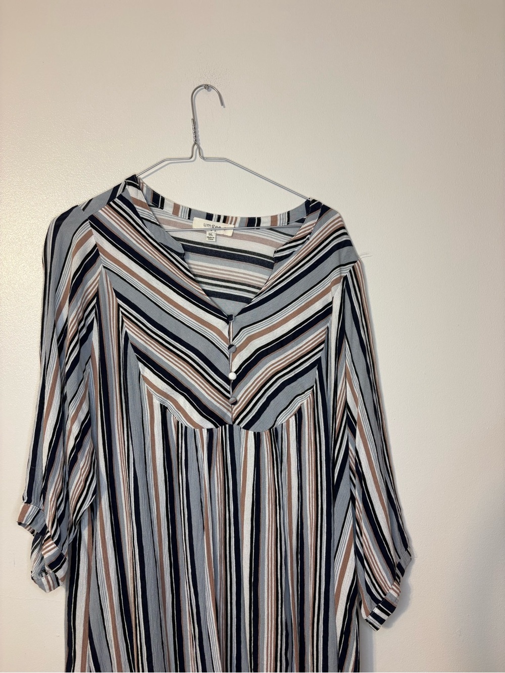 Umgee Striped Button-Front Blouse in Blue, Tan, Black